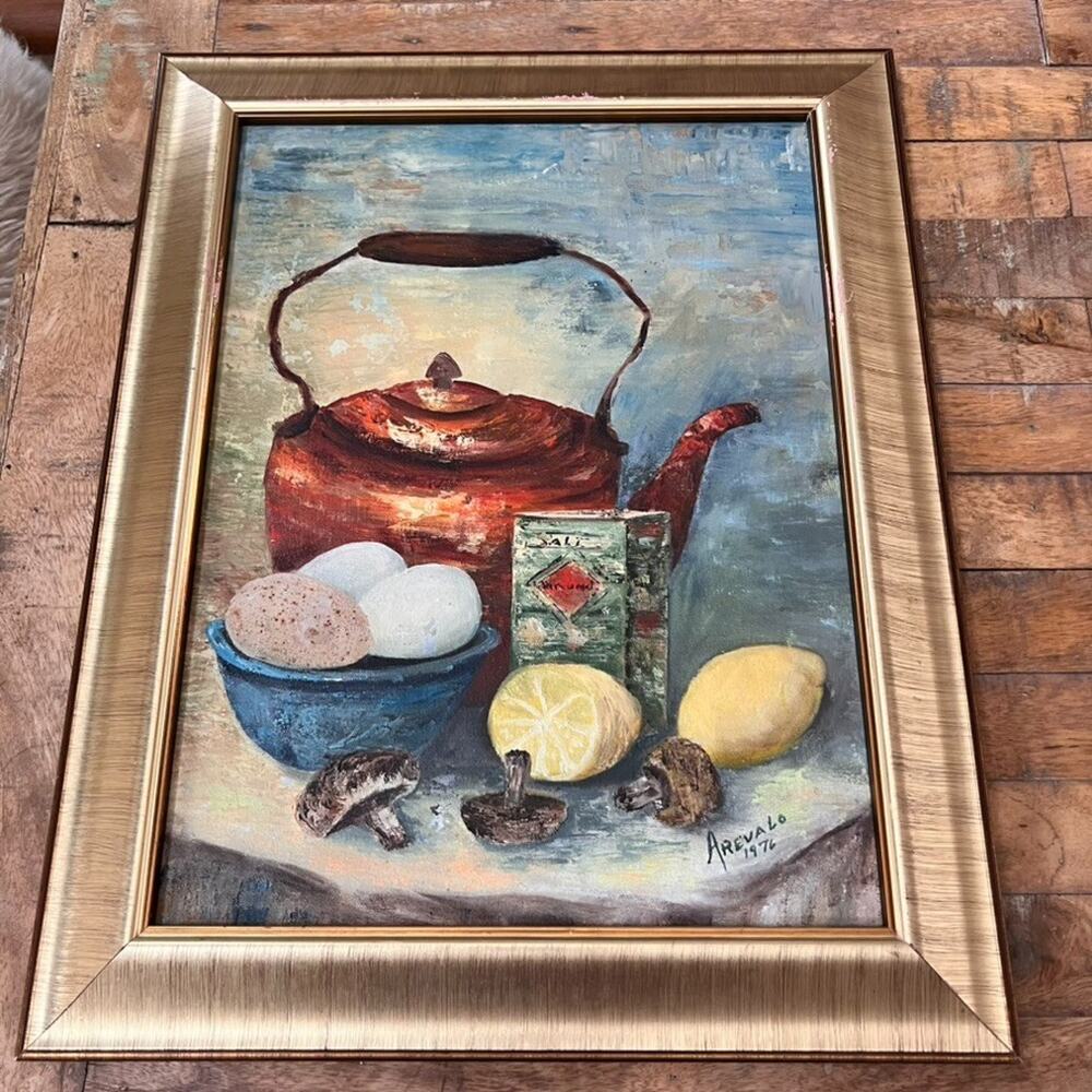 Framed Oil Canvas Still Life Painting 19.5 x 15.5 signed "Arevalo 1976" - Picture 2 of 16